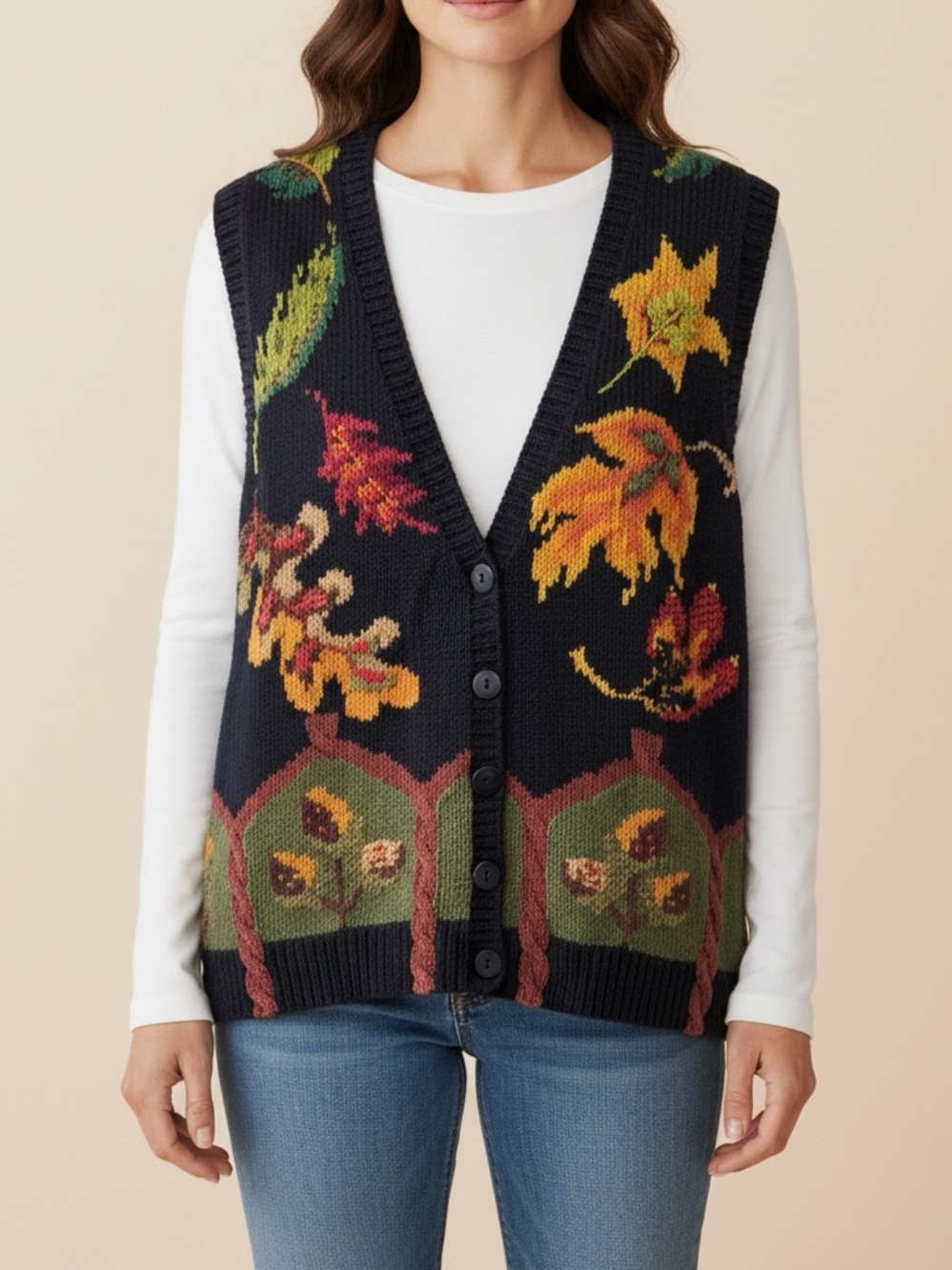 Vintage Sleeveless Marisa Christina Fall Autumn Leaf Knitted Vest Black Small